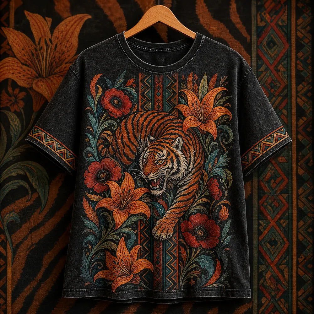 Women's Tiger Floral Vintage Short-sleeve T-shirt