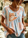 🐾 Buy 3 Save 10%🐱Women's Casual Animal Cat Floral Cotton Linen Top💛100% For Shelter Pets🐱🐶