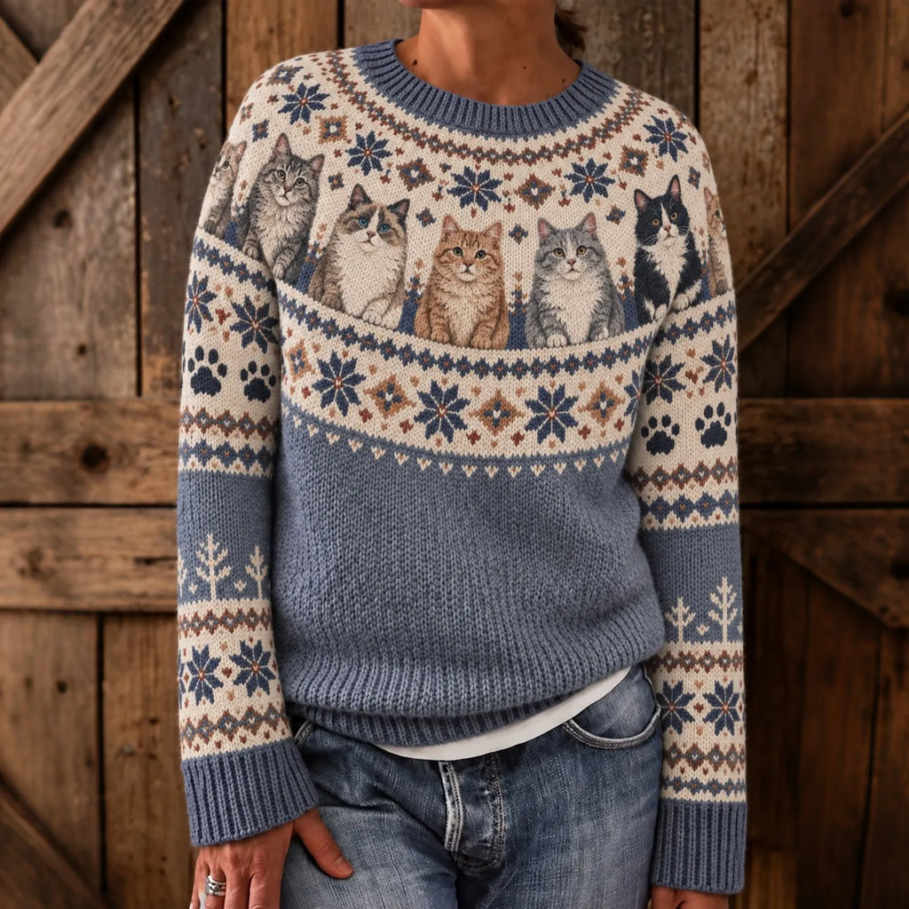 Women's Retro-style Cute Cat Ethnic Jacquard Knit Cozy Sweater