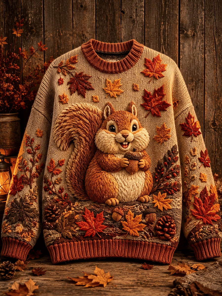 Women's Autumn Squirrel Art Print Crew Neck Knit Sweater
