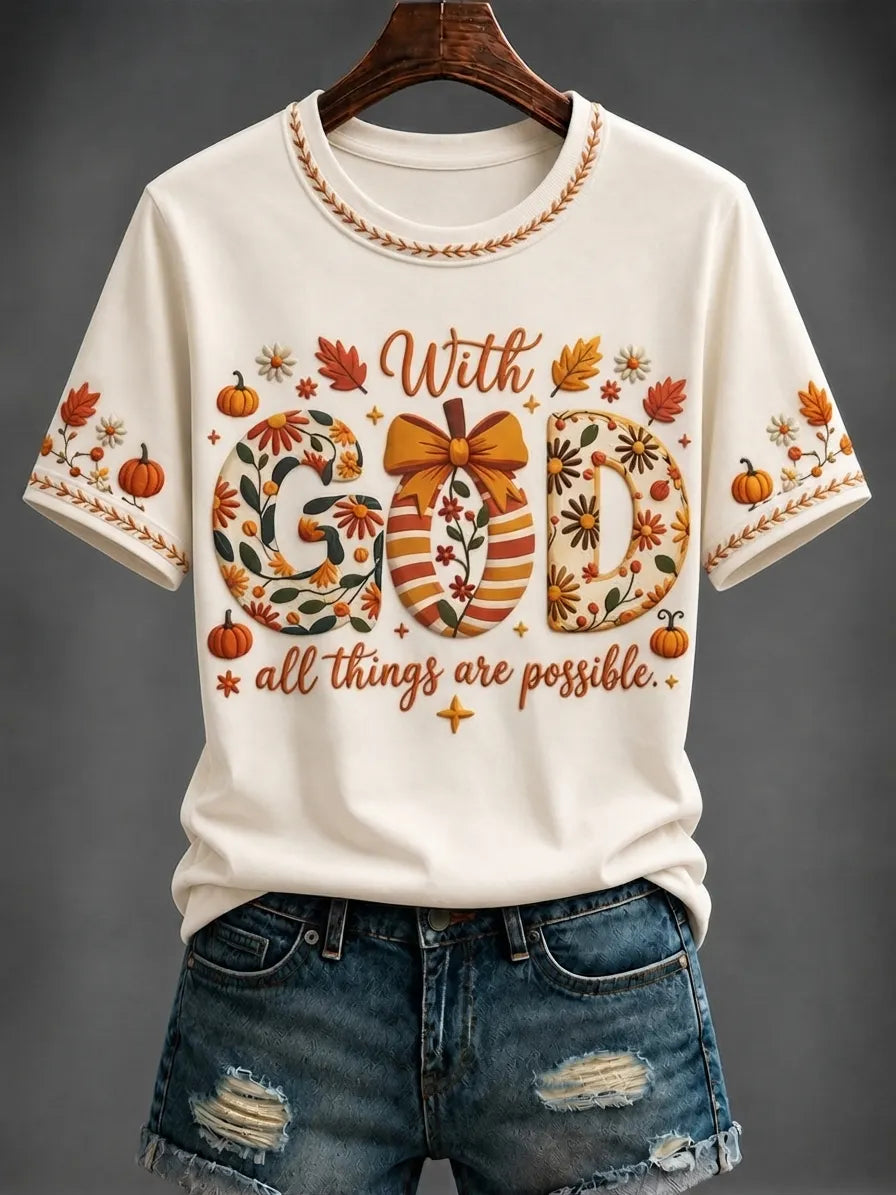 Women's Autumn “with God All Things Are Possible.” Printed T-shirt