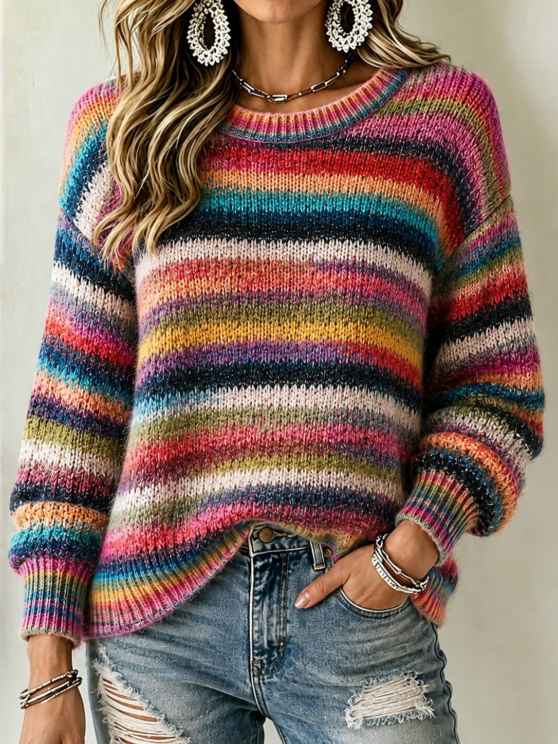 Women's Bohemian Retro Colorful Striped Gradient Art Cozy Knit Sweater