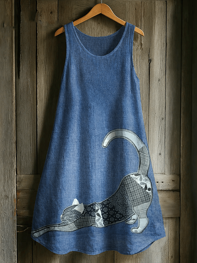 🐾Buy 3 Save 10%🐱Women's Cute Cat Print Linen Blend Tank Dress💛100% For Shelter Pets🐱🐶