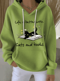 Women's Life Is Better With Cats And Books Print Casual Hooded Sweatshirt