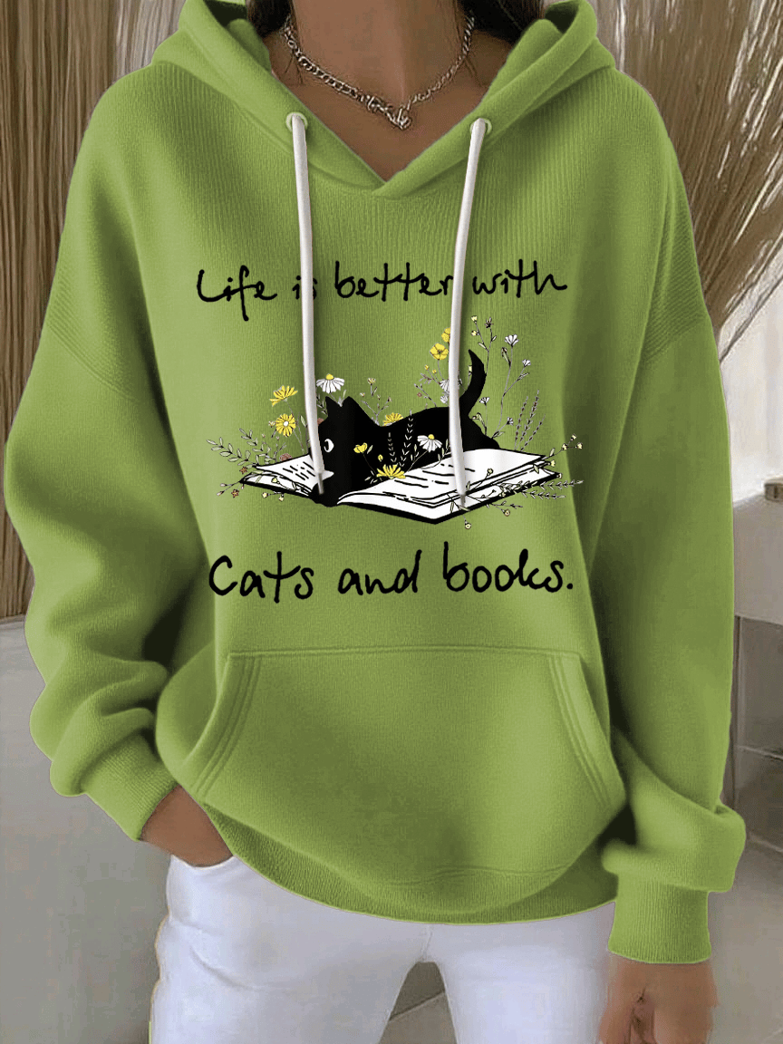 Women's Life Is Better With Cats And Books Print Casual Hooded Sweatshirt