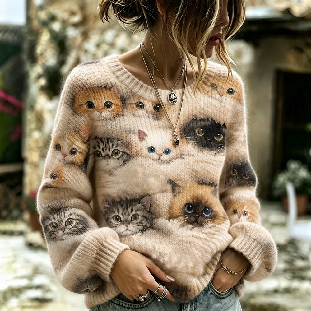 Women's Art Print Crew Neck Sweater With Kitten Lying In A Blanket