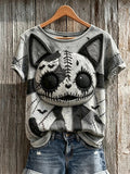 Women's Vintage Stitched Cat Monster Patchwork Art Print short-sleeved T-shirt