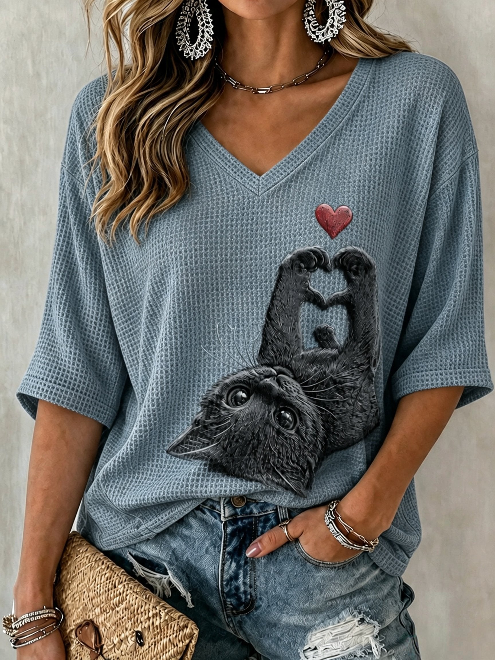 Women's Vintage Casual Cat Print T-Shirt