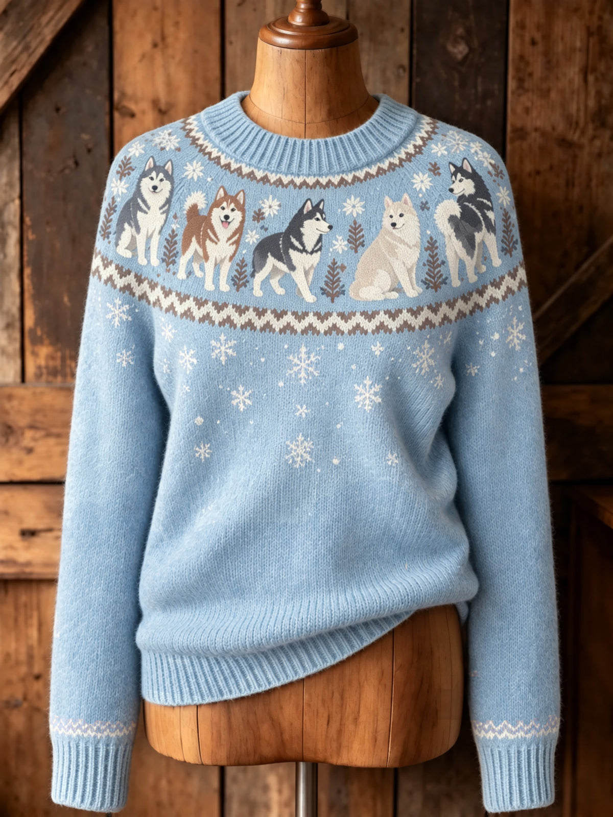 Women's Retro Siberian Husky Puppy Pattern Cozy Fair Isle Style Knit Sweater