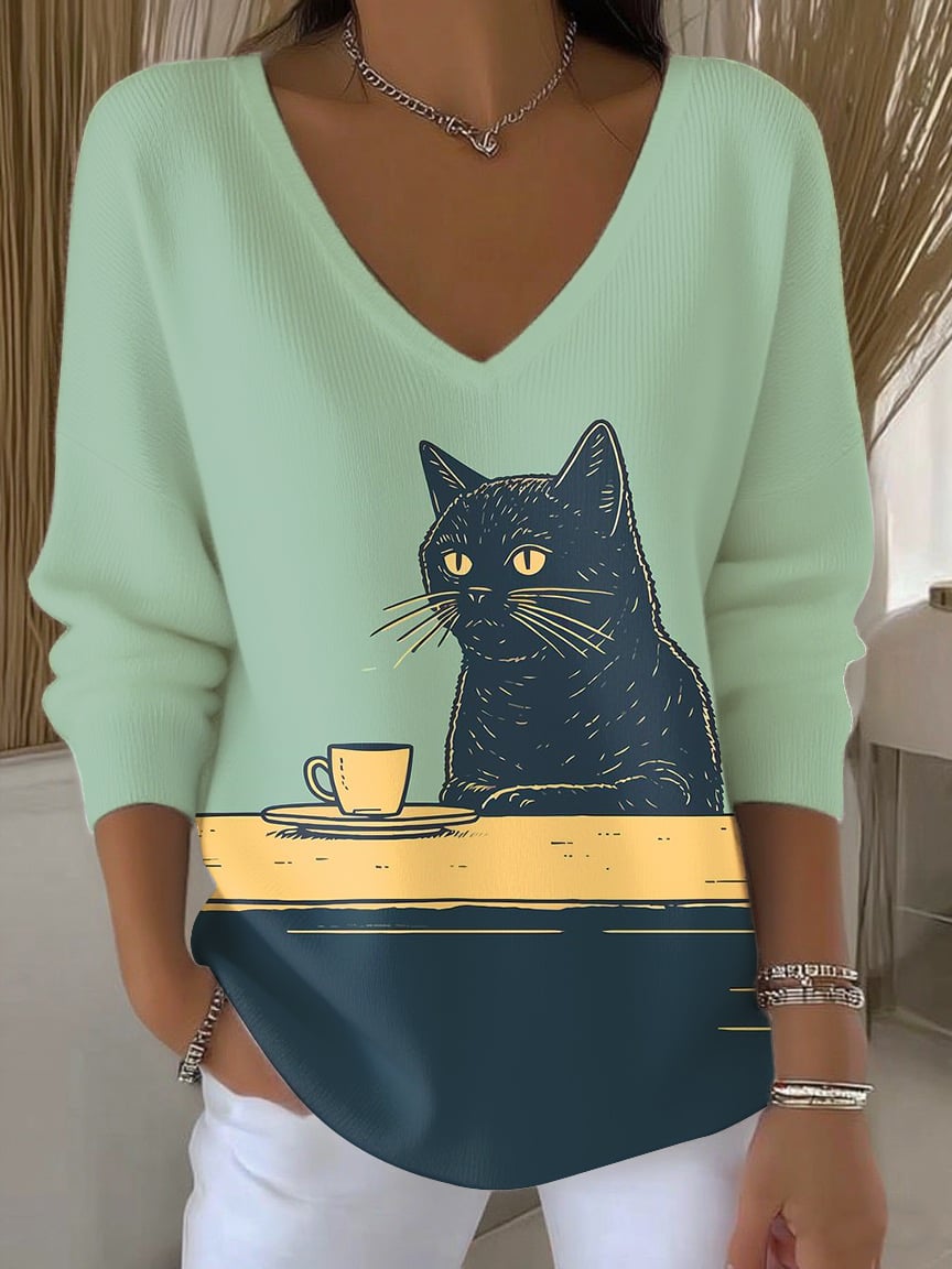 Women's Cat Drinking Tea Print Top