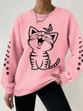 Women's Cute Cat Print Cat Lovers Casual Waffle Sweatshirt