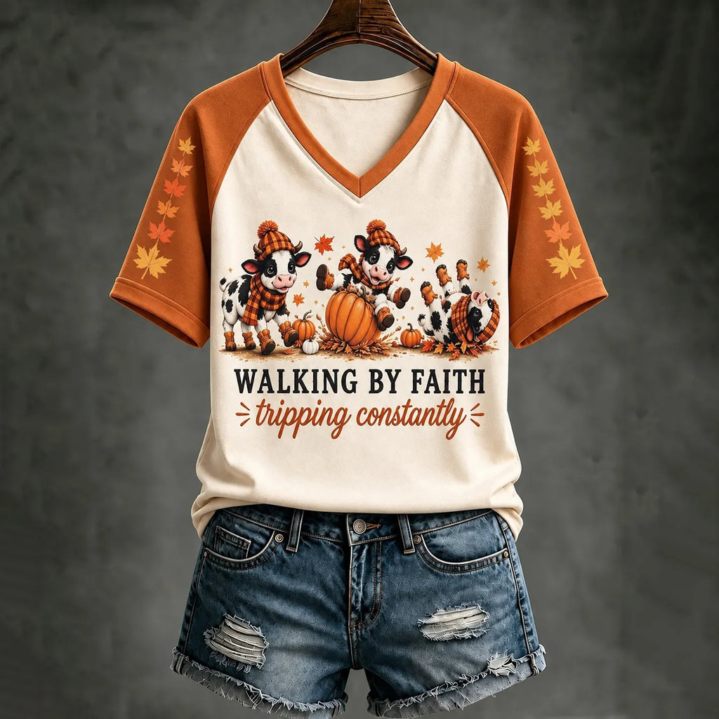 Women's Walking By Faith Tripping Constantly Autumn Pumpkin V-neck T-shirt