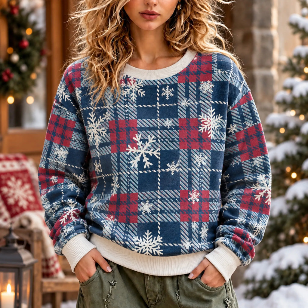 Women's Vintage Christmas Plaid Snowflake Crewneck Sweatshirt