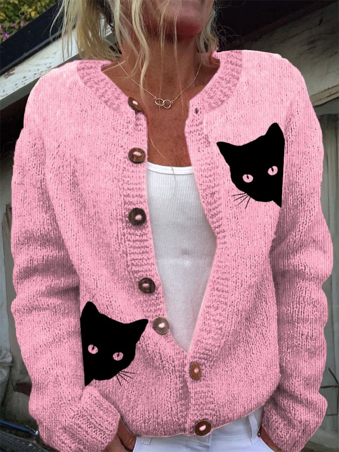 Women's Cat Print Knitted Cardigan