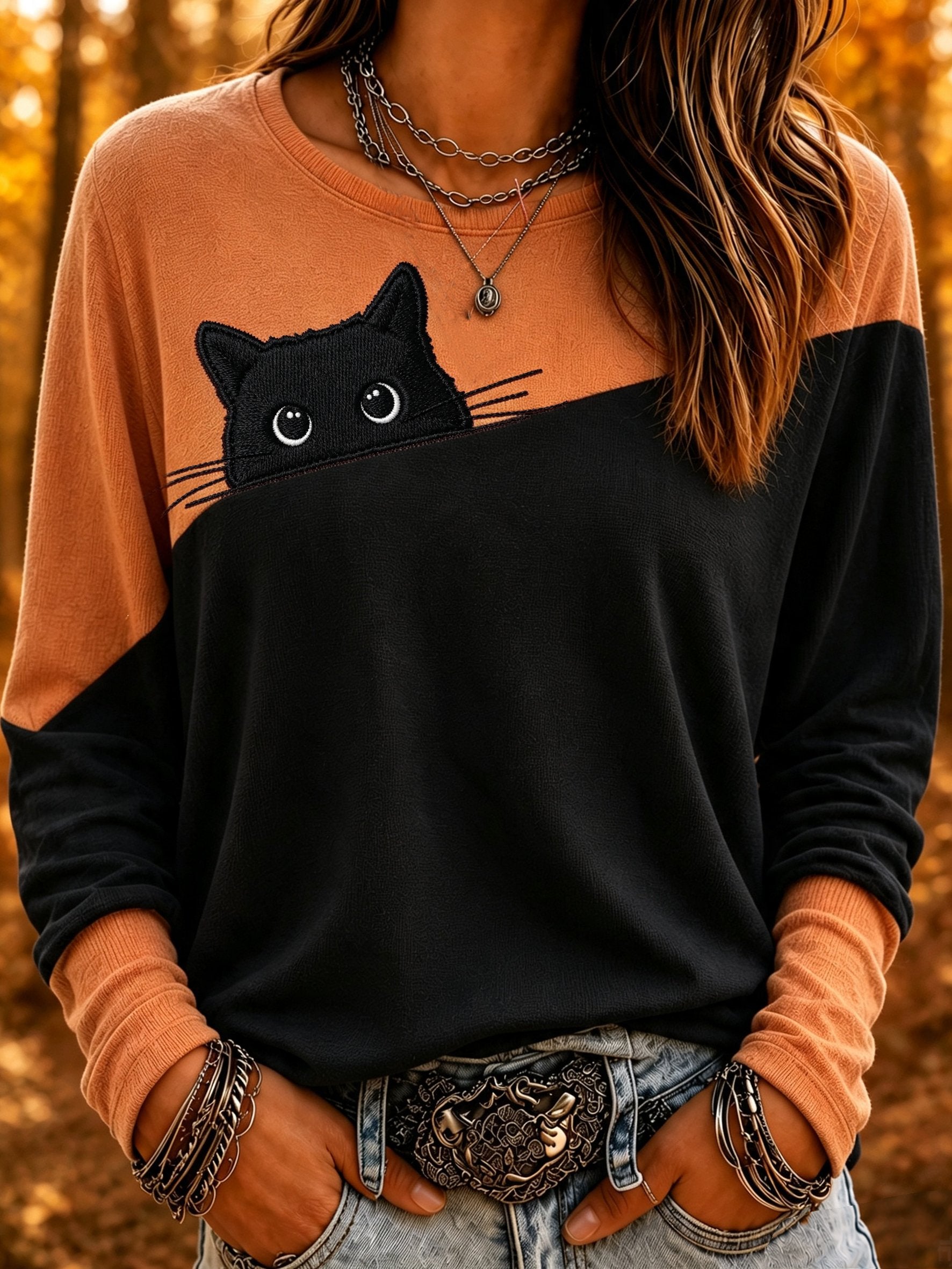 Women's Mysterious Black Cat Print Crew Neck Top