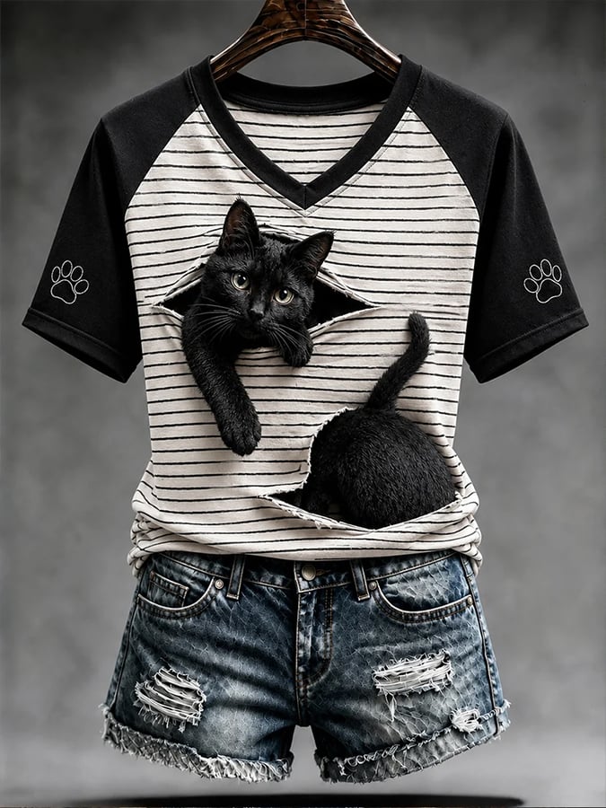 Women'S Cat Print Retro T-Shirt