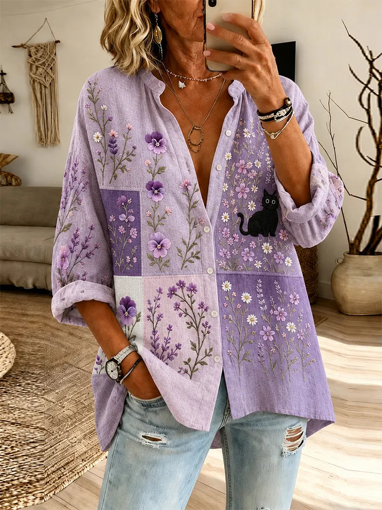 Women's Vintage Lavender Florals And Black Cat Art Print Flowy Linen Blend Long Sleeve Shirts