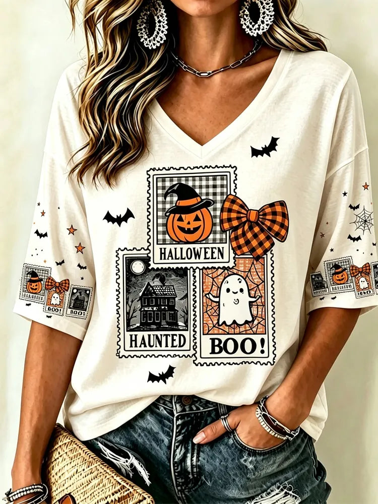 Women's Gothic Halloween Ghost Pumpkin Castle Stamp Pattern T-shirt