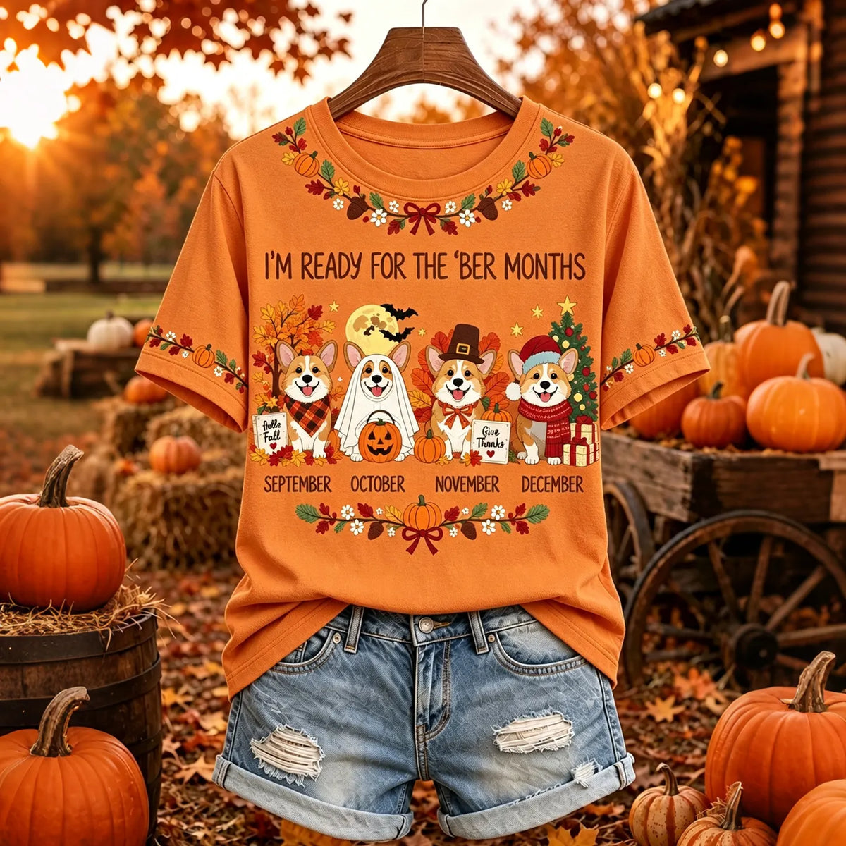 Women's Vintage Fall Cute Dogs Print Short Sleeve Casual T-shirt