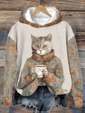 Women's Winter Funny Cute Wonderland Clothing Floral Cat Printed Hooded Sweatshirt