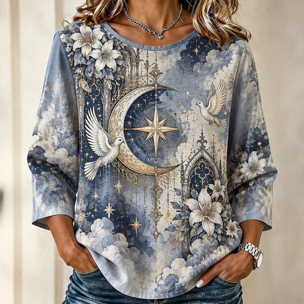 Women's Gothic Crescent Moon Dove Print Long-sleeve Shirt