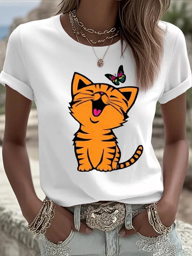 Women's Cat and Butterfly Print Casual T-Shirt