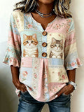 🐾 Buy 3 Save 10%🐱Women's Casual Animal Cat Floral Cotton Linen Top💛100% For Shelter Pets🐱🐶