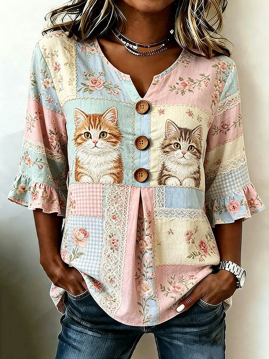 🐾 Buy 3 Save 10%🐱Women's Casual Animal Cat Floral Cotton Linen Top💛100% For Shelter Pets🐱🐶