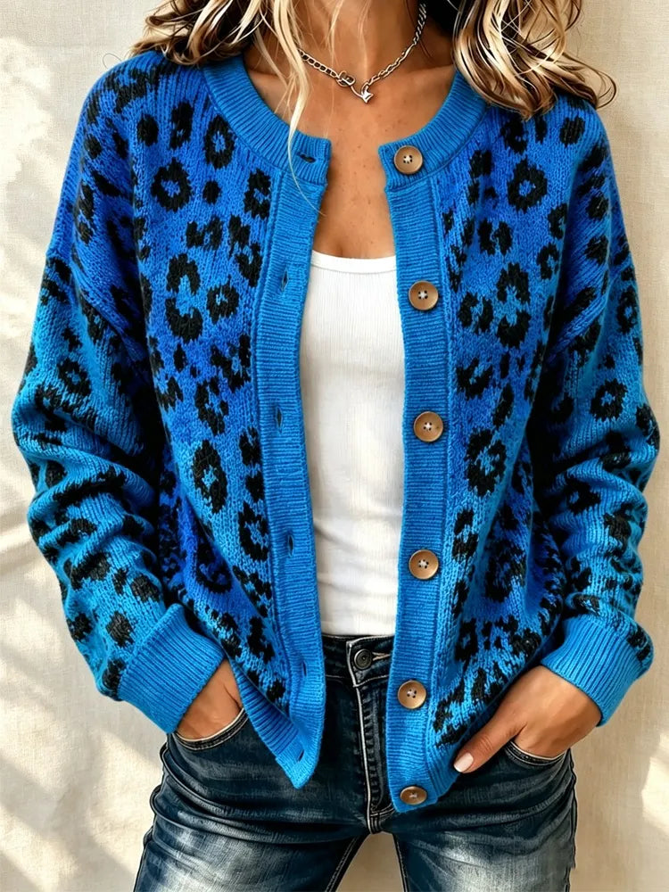 Women's Bohemian Leopard Print Blue Gradient Sweater Cardigan