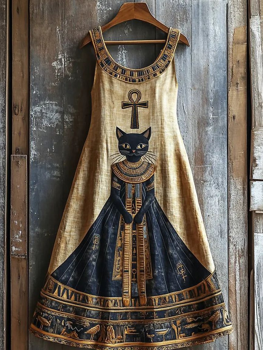 Women's Egyptian Kitten Cross Print Sleeveless Round Neck Dress