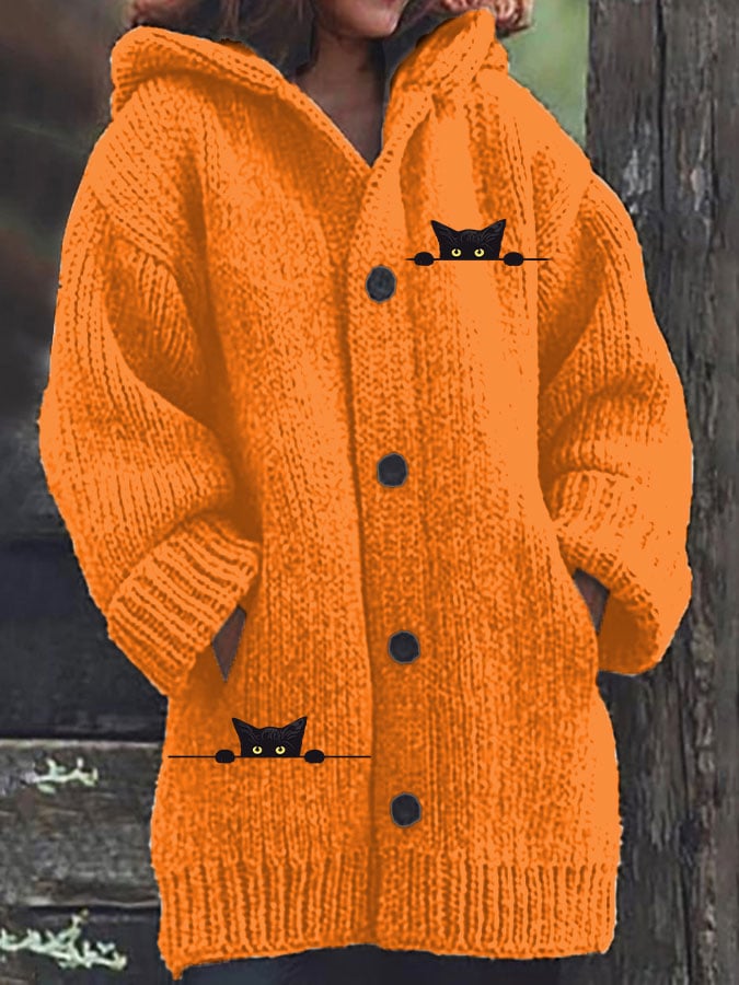 Women's Casual Cat Print Knitted Fabric Plush Jacket