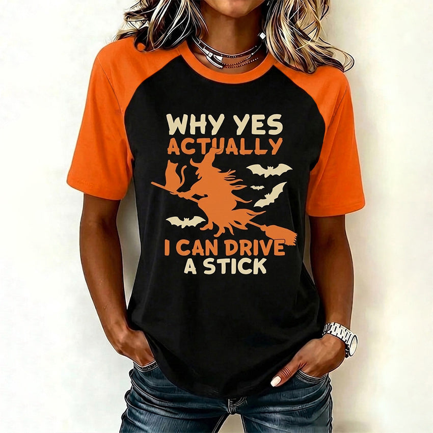Women's Retro Halloween Theme Pattern I Can Drive A Stick Print Short-sleeve T-shirt