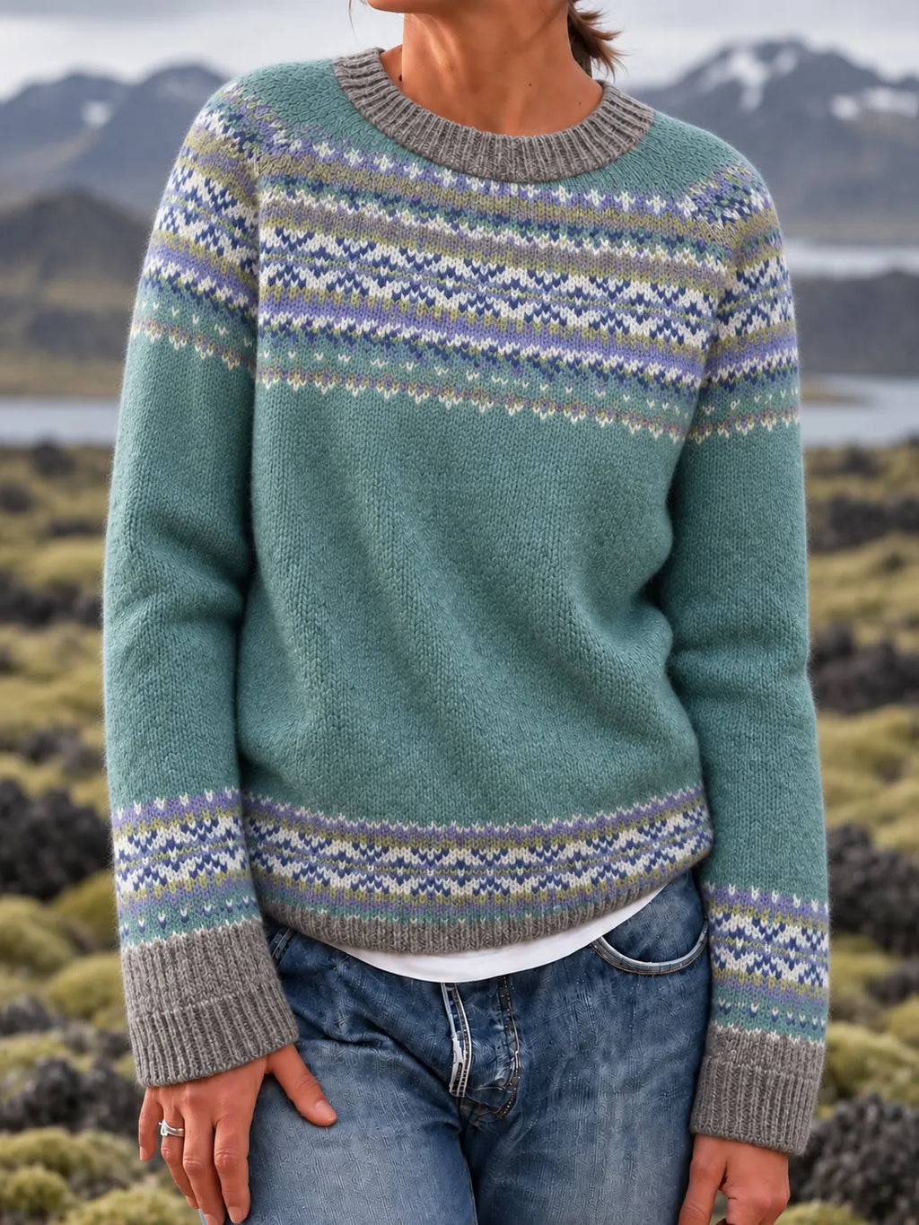 Women's Retro Fair Isle Jacquard Knit Pattern Cozy Crewneck Sweater