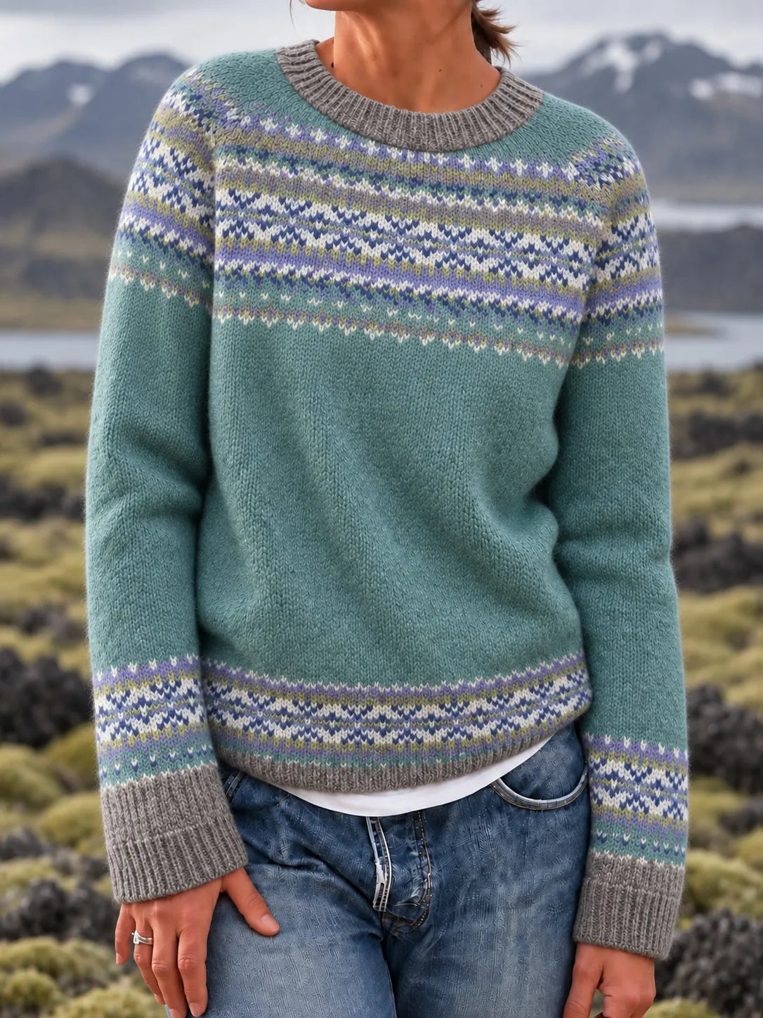 Women's Retro Fair Isle Jacquard Knit Pattern Cozy Crewneck Sweater