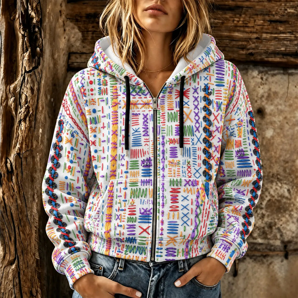 Women's Vintage Geometric Art Print Casual Zipper Hoodie