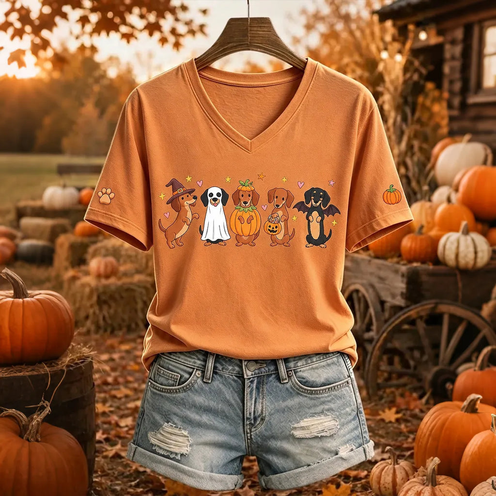 Women's Autumn Color Dog And Pumpkin Pattern Casual Short-sleeve T-shirt