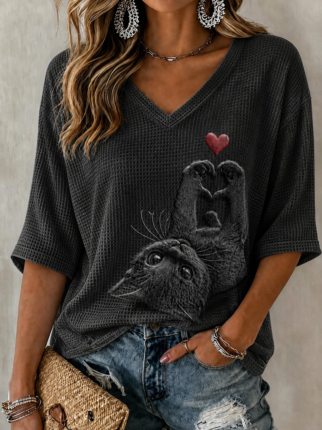 Women's Vintage Casual Cat Print T-Shirt