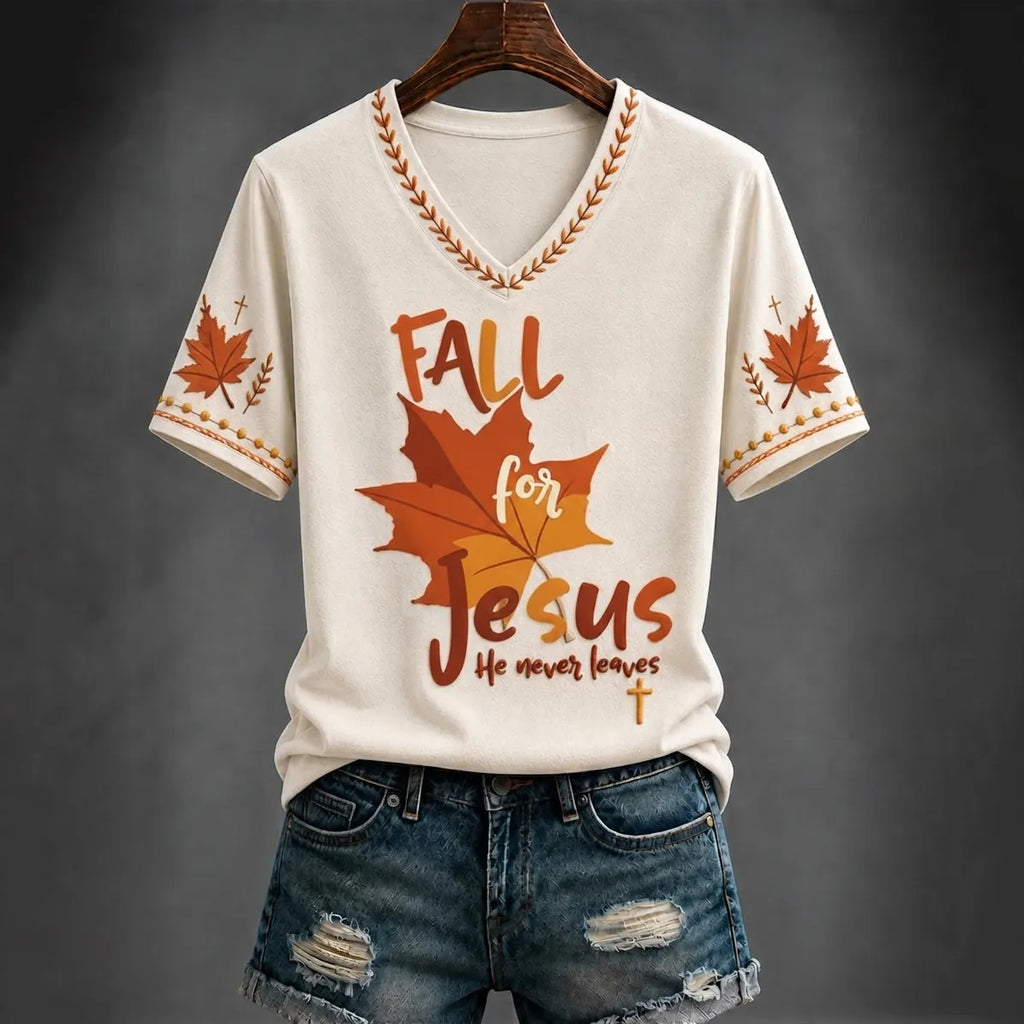 Women's Autumn “fall For Jesus He Never Leaves ” Printed V-neck T-shirt