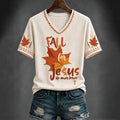 Women's Autumn “fall For Jesus He Never Leaves ” Printed V-neck T-shirt