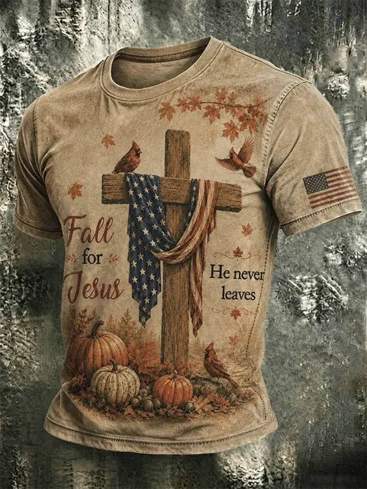 Men's Vintage Autumn Faith Cross-print T-shirt