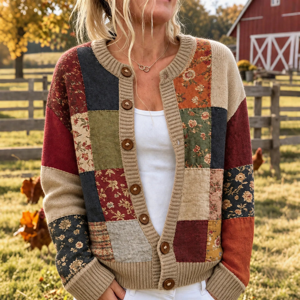 Women's Floral Patchwork Pattern Art Casual Knit Cardigan