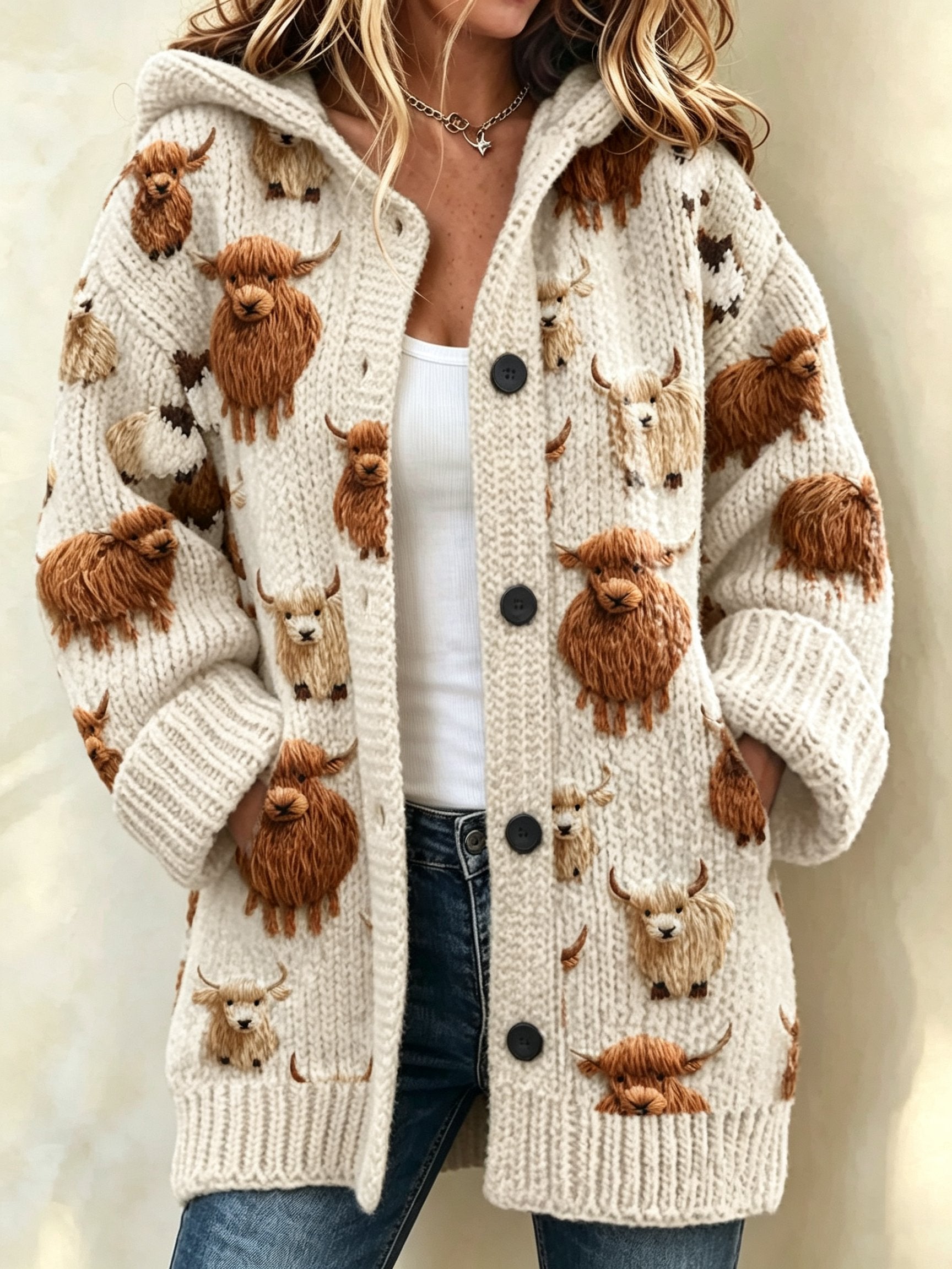 Women's Casual Printed Knitted Fabric Plush Jacket Cardigan