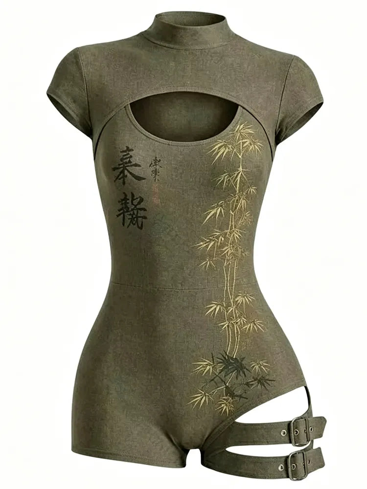 Women's Retro Japanese Art Bamboo Print High-neck Short-sleeve Jumpsuit