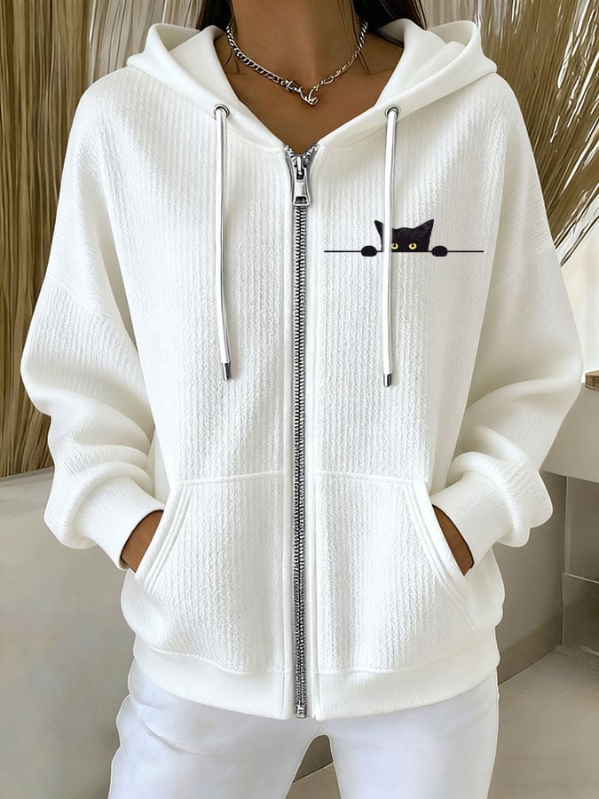 Women's Casual Cat Print Textured Sweatshirt Jacket