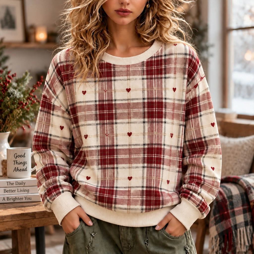 Women's Vintage Tartan Check Red Plaid Heart Print Crewneck Sweatshirt