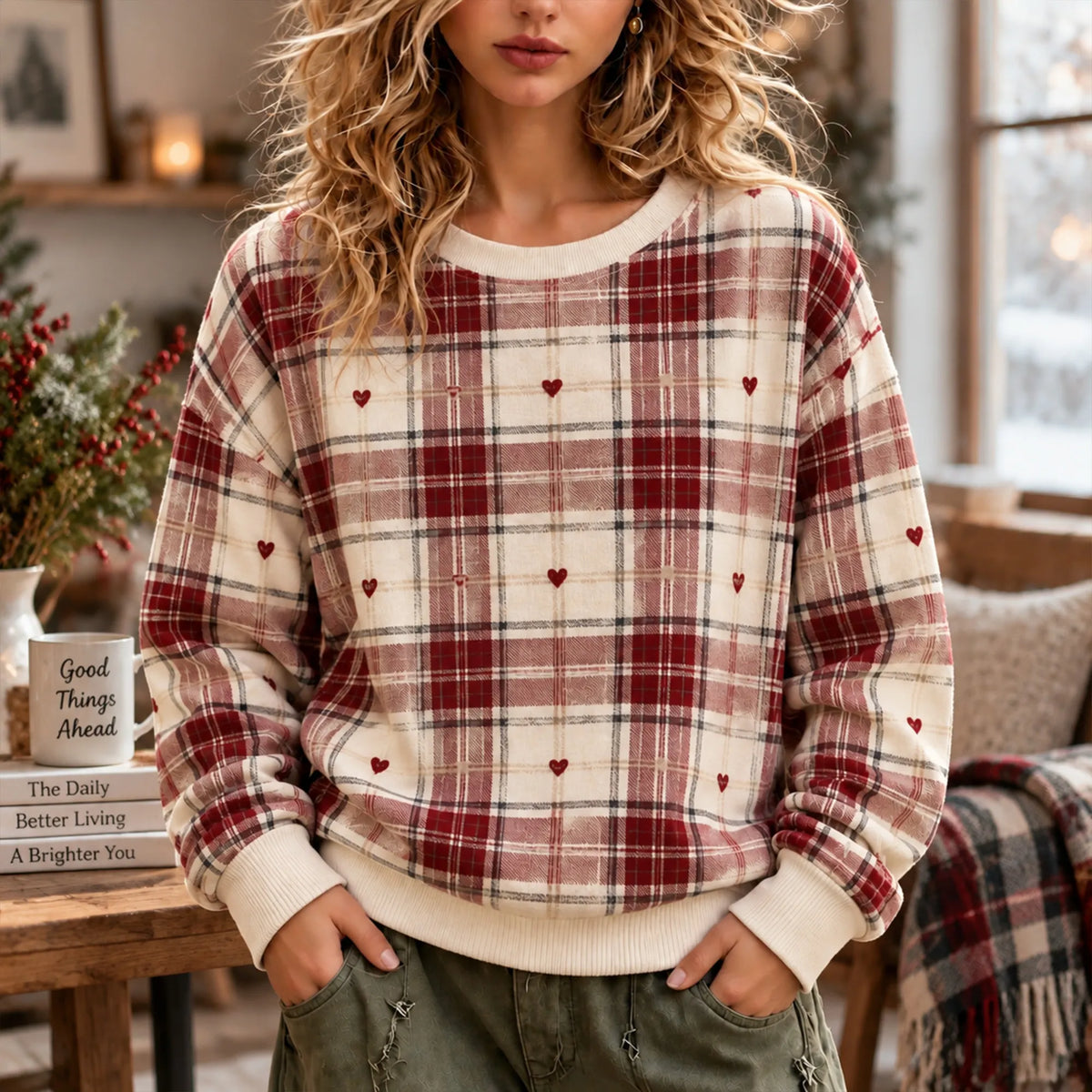 Women's Vintage Tartan Check Red Plaid Heart Print Crewneck Sweatshirt