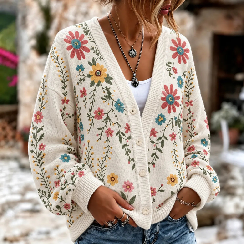 Women's Retro Floral  Pattern Art Print Casual Knit Cardigan