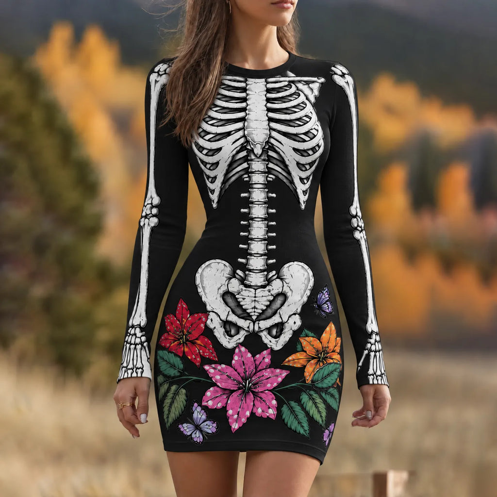 Women's Vintage Halloween Fall Skeleton Art Comfy Mini Bodycon Dress