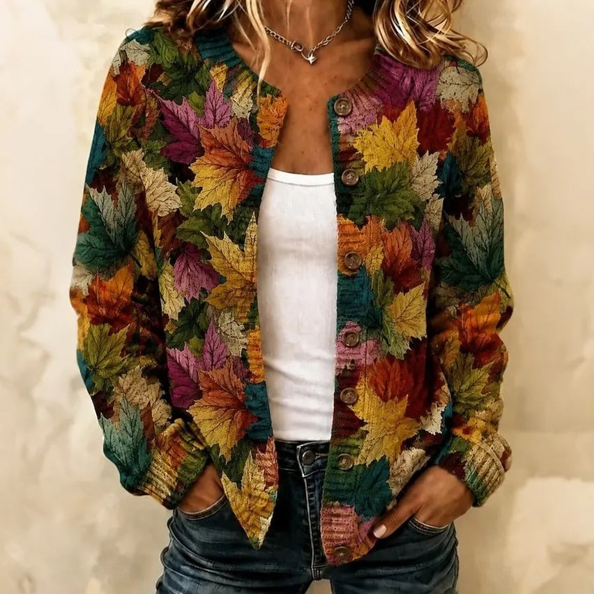 Women's Vintage Colorful Boho Maple Leaf Print Cardigan Casual Long Sleeve Knit Jacket