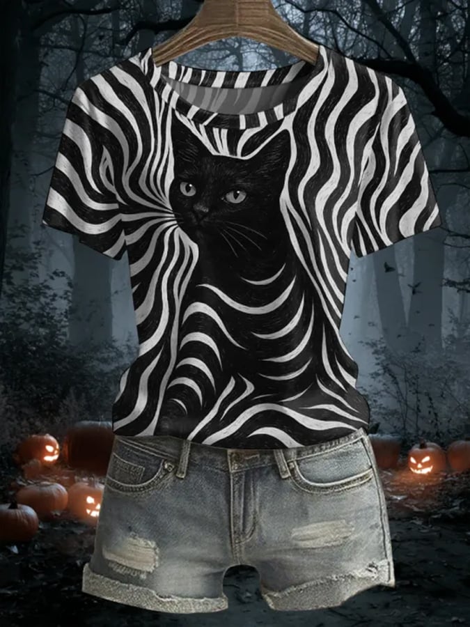 Women's Halloween Black Cat Print Top